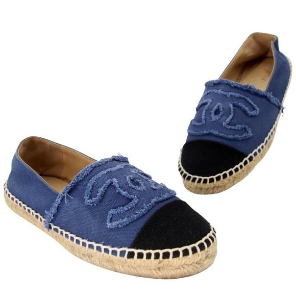 Chanel Espadrille 37 Canvas Linen Raw Edge Cap-toe Flats CC-0717N-0006